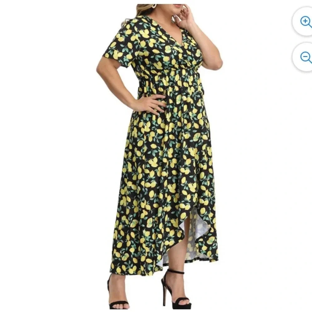 Faux Wrap High Low Lemon Dress - Picture 2 of 9
